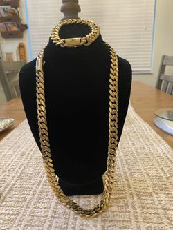 14mm Cuban Link Set 30” Necklace  8.5” Bracelet Gold Plated