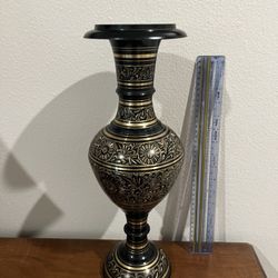 Vintage Indian black and gold hand-etched Engraved Roses Brass Vase, 18” in perfect condition.