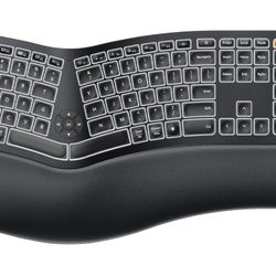 ProtoArc Backlit Bluetooth Ergonomic Keyboard, EK01 Plus Full Size Wireless Split Keyboard with Dual Bluetooth and USB, Cushioned Wrist Rest, Recharge