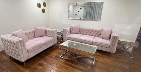 Sala Glam 2 Sofás Rosado Blush Terciopelo - Como Nueva