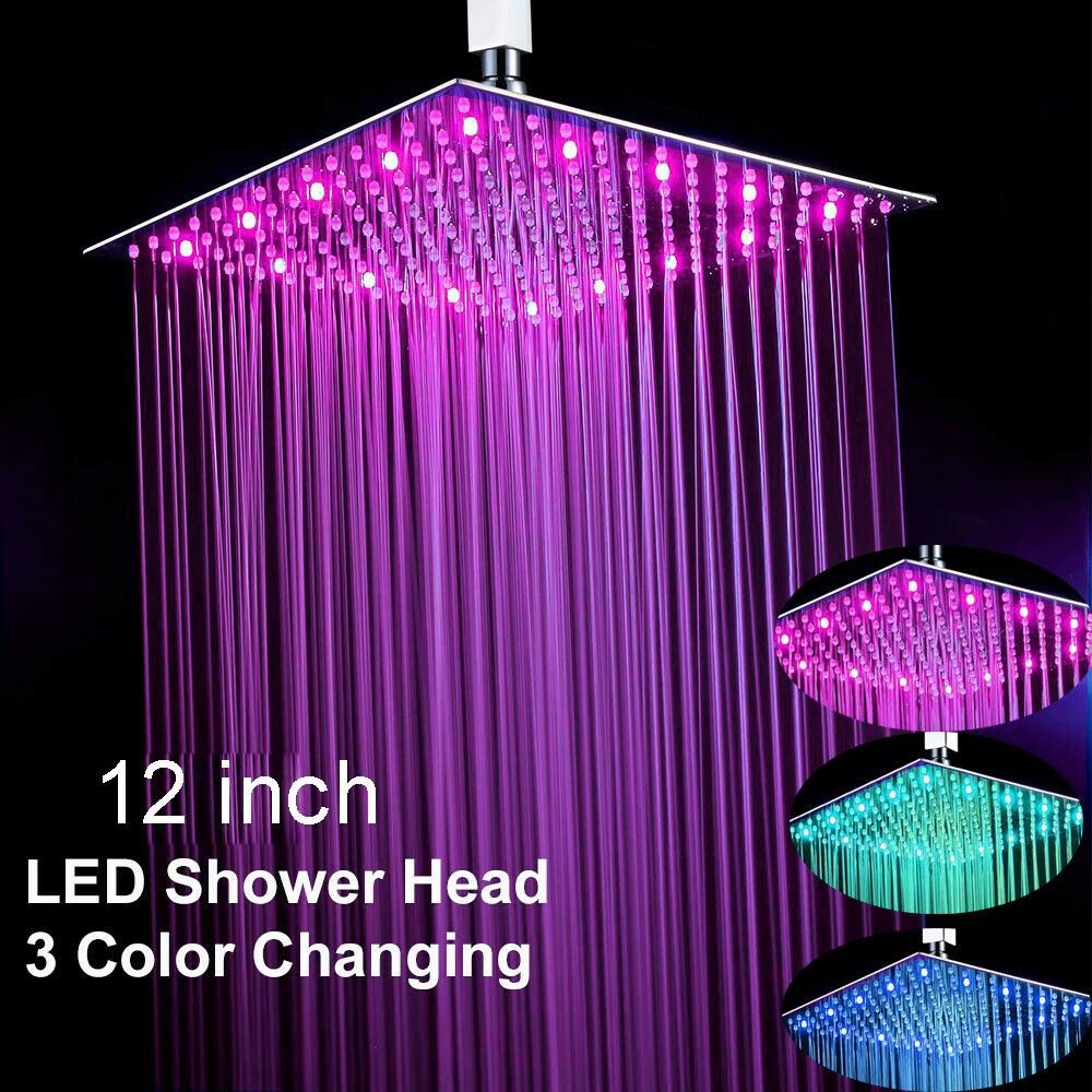 12 Inch LED Square Rain Shower Head Stainless Steel Chrome Finish Top Shower