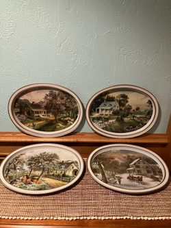 Set of 4 Vintage American Homestead (Spring, Summer, Autumn & Winter) Metal Trays-4/$30 or $10 each