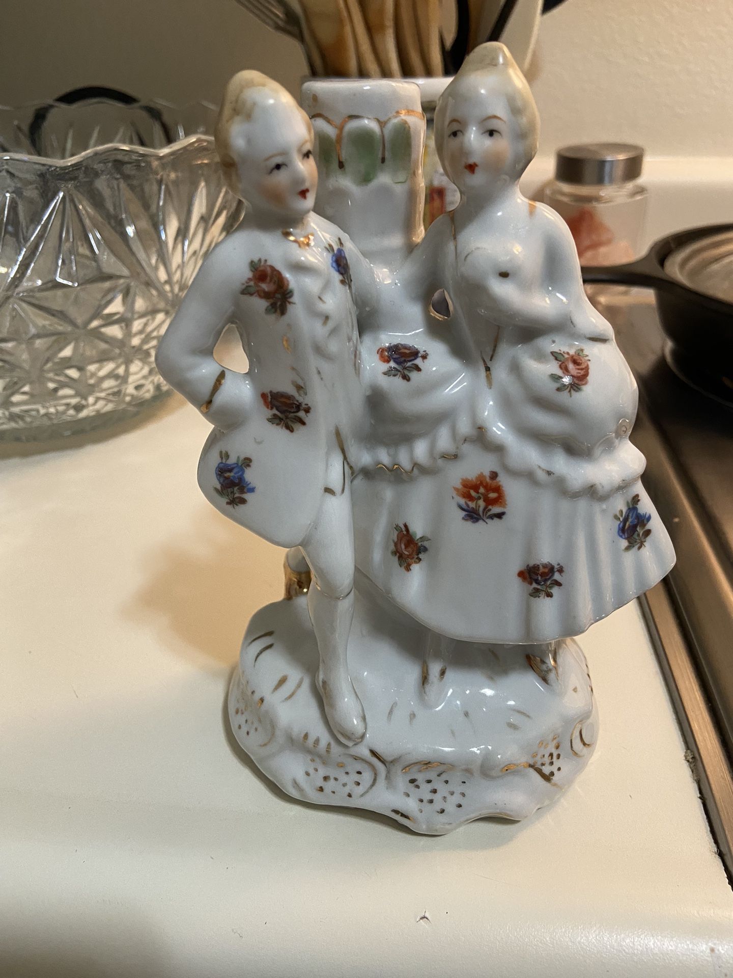 Vintage Porcelain Lamp Base Floral Gold Trim Dancing Couple 8" Japan
