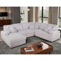 Brand New Biege LHF Fabric U-Shaped Pull Out Sectional Sofa w/ Storage Chaise + Pillows