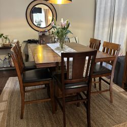 Dining Set Table Wood With Black Leather Seats 6 Chairs 