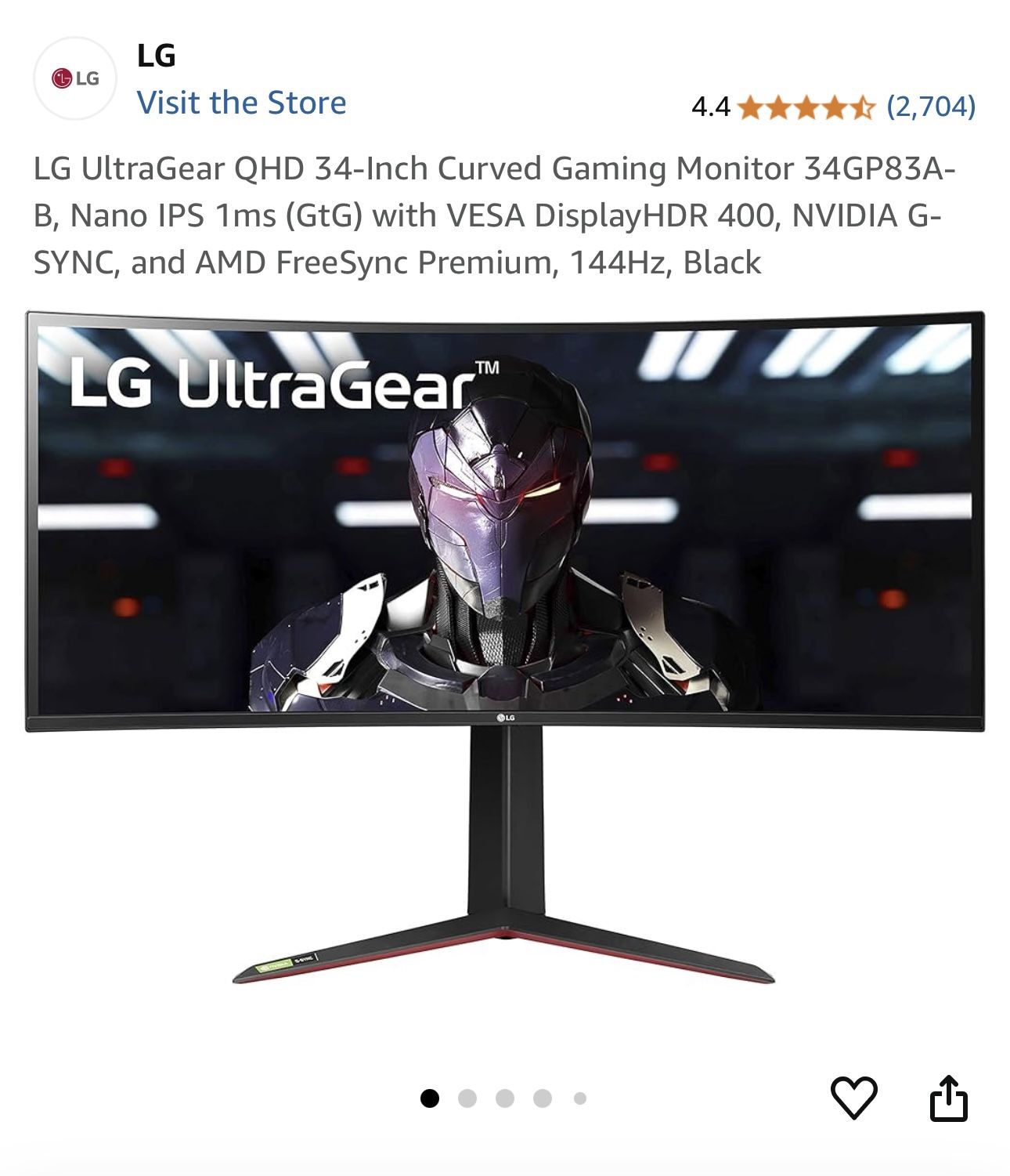 LG UltraGear QHD 34-Inch Curved Gaming Monitor 34GP83A-B, Nano IPS 1ms (GtG) with VESA DisplayHDR 400, NVIDIA G-SYNC, and AMD FreeSync Premium, 144Hz,