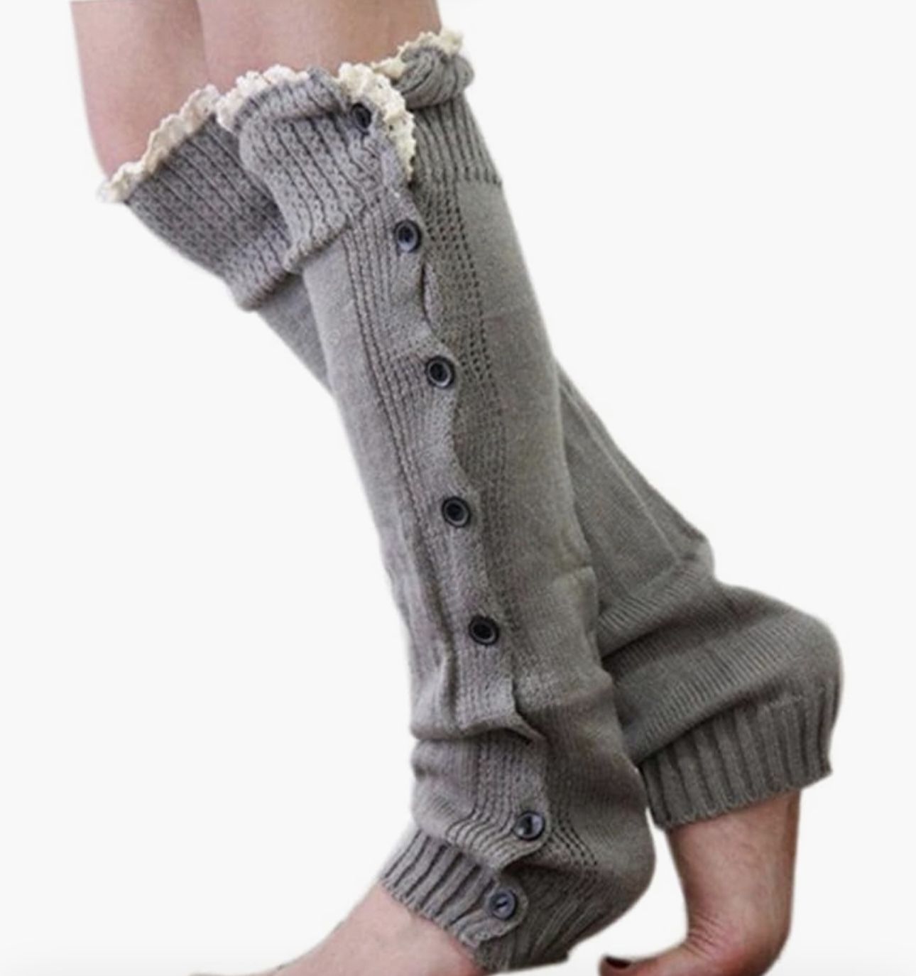 Women's Knitting Button Down Light Eyelet Lace Cuff Knee High Leg Warmers