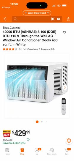 Costway 12000 BTU (ASHRAE) 8,100 (DOE) BTU 115 V Through the Wall AC Window Air Conditioner Cools 400 sq. ft. in White