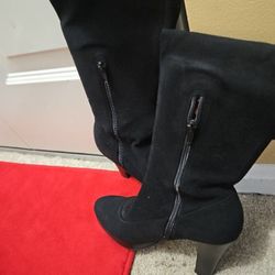 Black Boots, Heel 3.95, almond toe, synthetic,  and zipper on inside of boot.