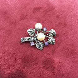 Vintage Sterling Silver 925 Pin Brooch Marcasite Pearl Amethyst 