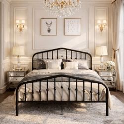 Full bed Metal Platform Bed Frame with Victorian Style Wrought Iron-Art Headboard/Footboard, No Box Spring Required, Black