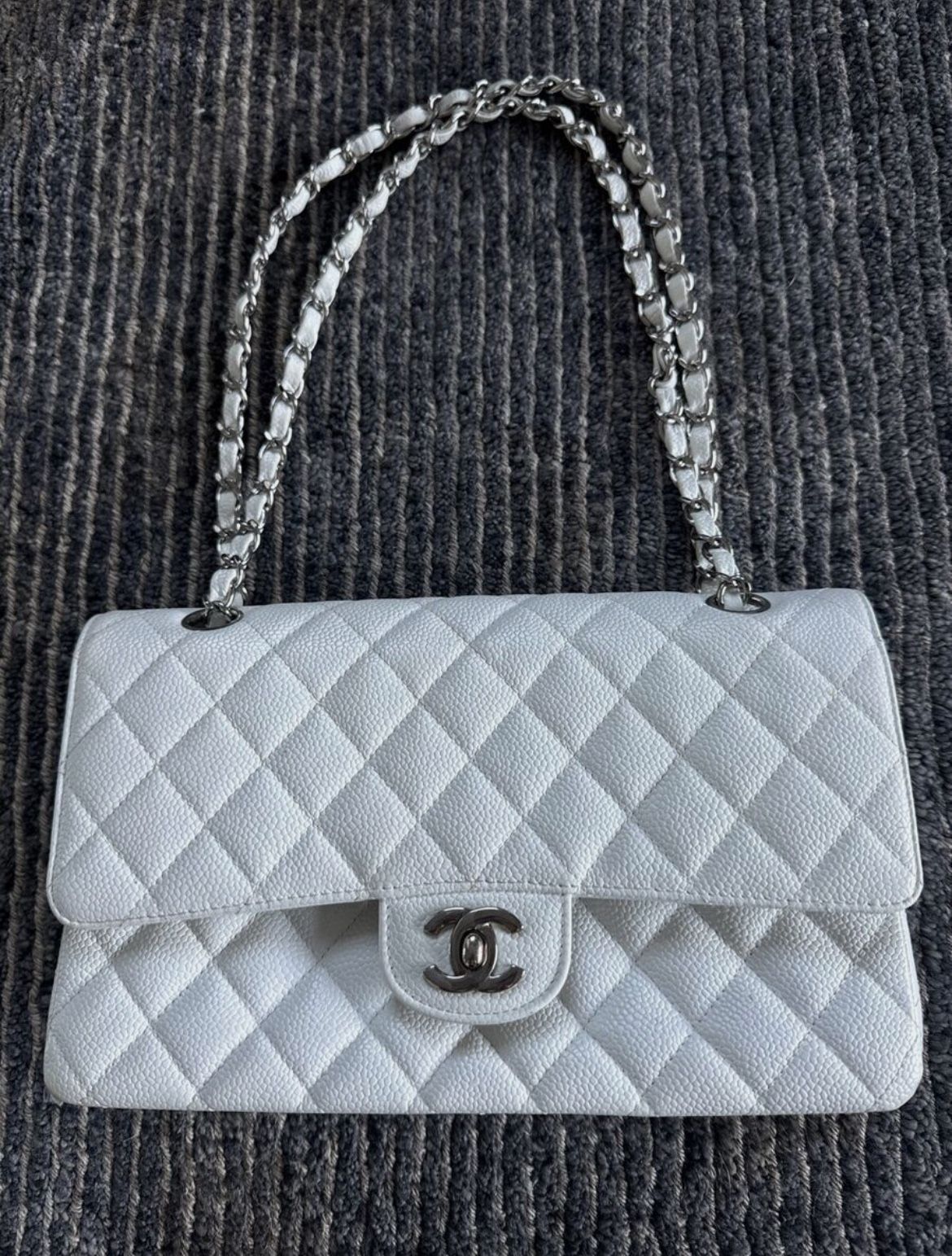 CHANEL Classic Double Flap Medium Quilted Caviar Leather Shoulder Bag White