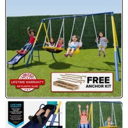 Sportspower Super Flyer Swing Set with 2 Flying Buddies, Saucer Swing, 2 Swings, Lifetime Warranty on Slide, and Bonus Anchor Kit, Great for Kids Aged