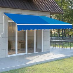 12 x 10 FT Patio Awning Canopy UV and Water-Resistant Fabric, Outdoor Retractable Sunshade Window Door Shelter with Manual Crank Handle (Blue)