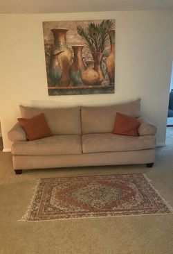 Beige 2-Cushion Couch + Loveseat — GOOD Condition