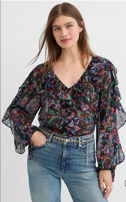 New Loft Floral Ruffle Tie Cuff Blouse