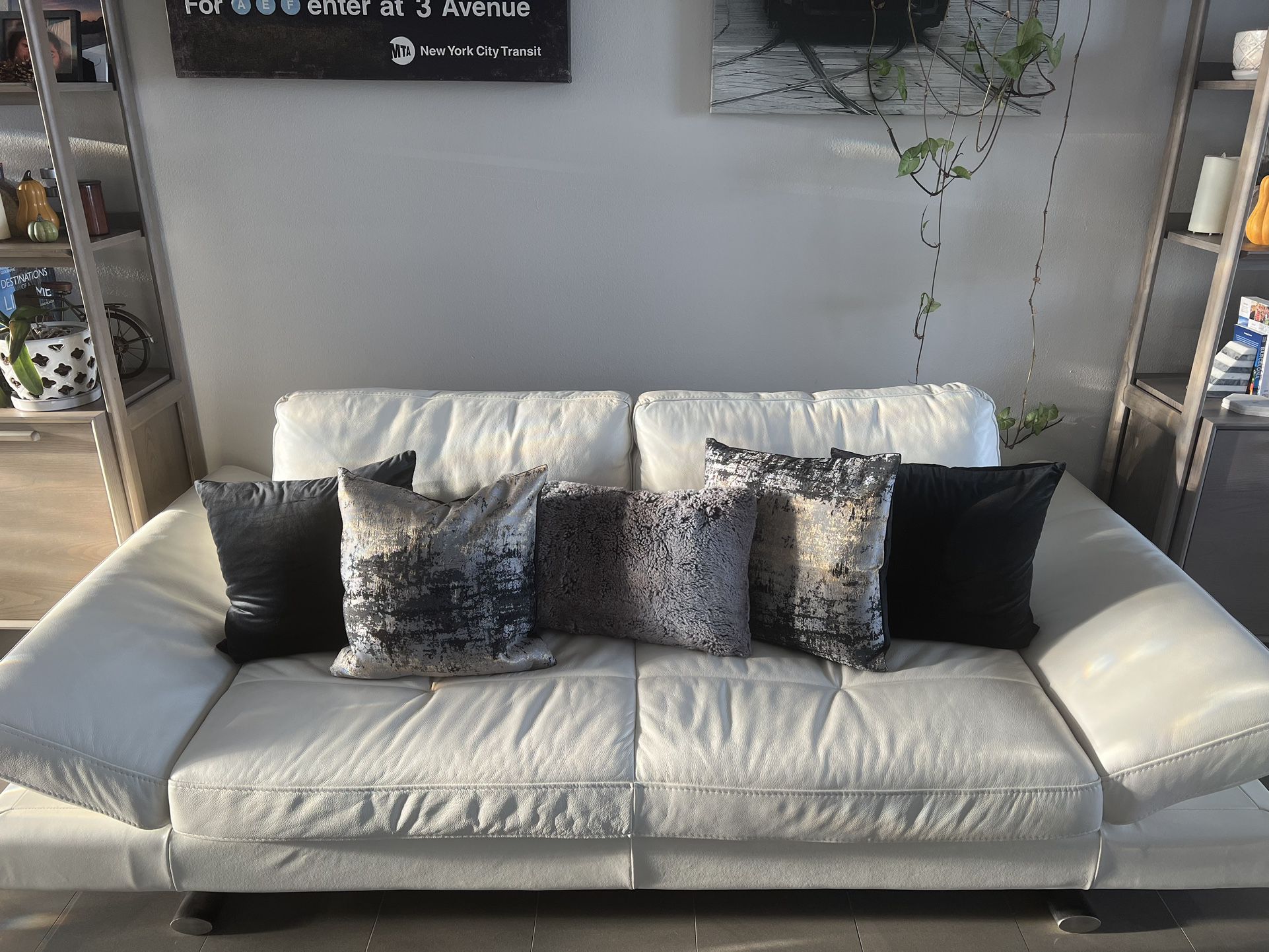 White Leather & Metal Couch & Chair Set For Sale