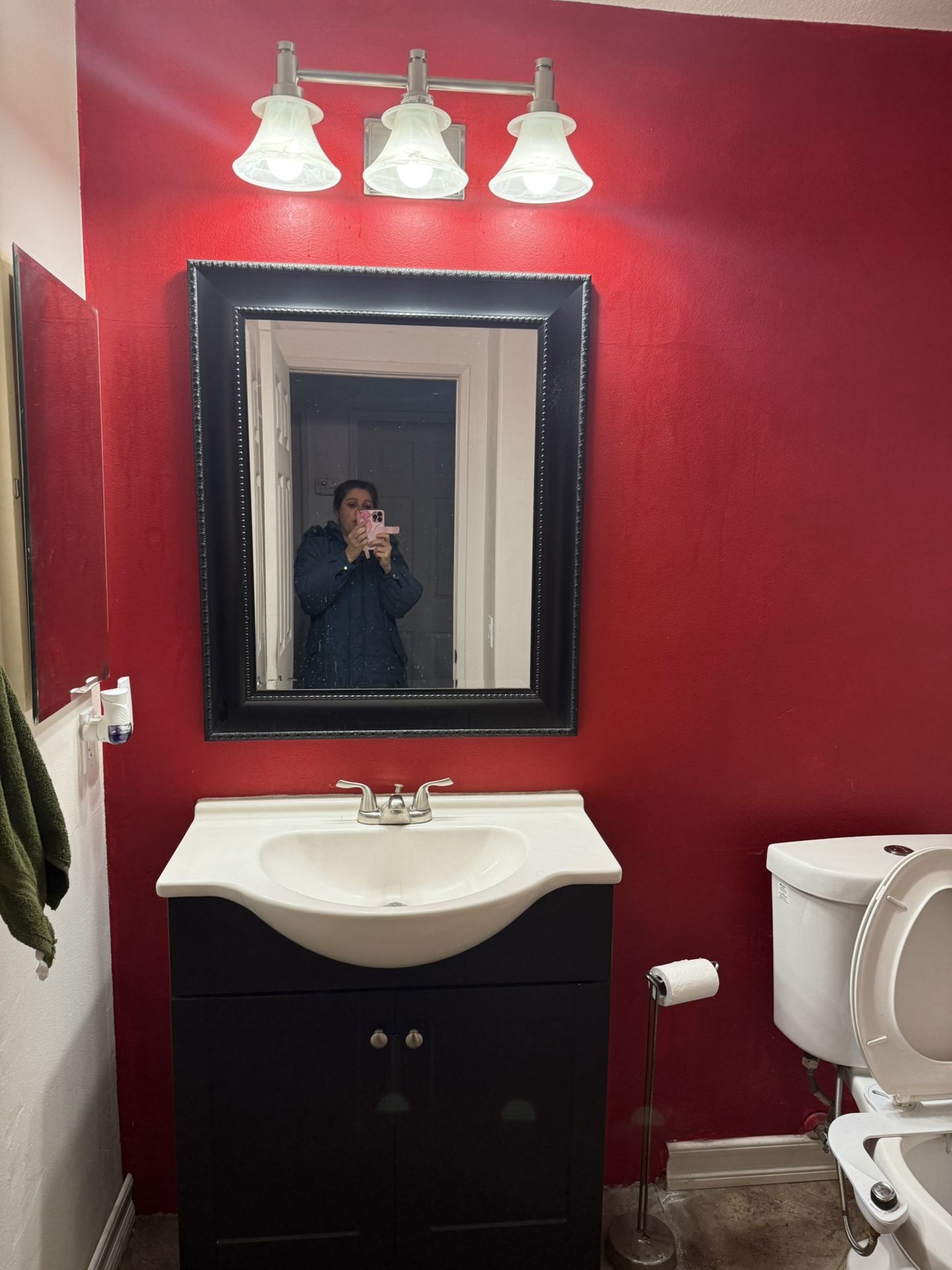 Bathroom sink with cabinet and the mirror like the picture for 100