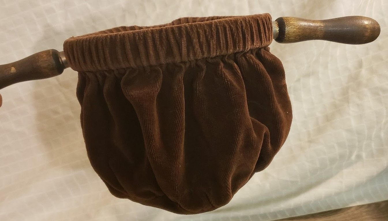 Vintage Brown Velvet Church Offering Bag/Sack with Wooden Handles
