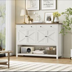 55.1" W Farmhouse Console Table with 2 Drawers, Entryway Sofa Table with Storage Shelf, Antiqued Whi