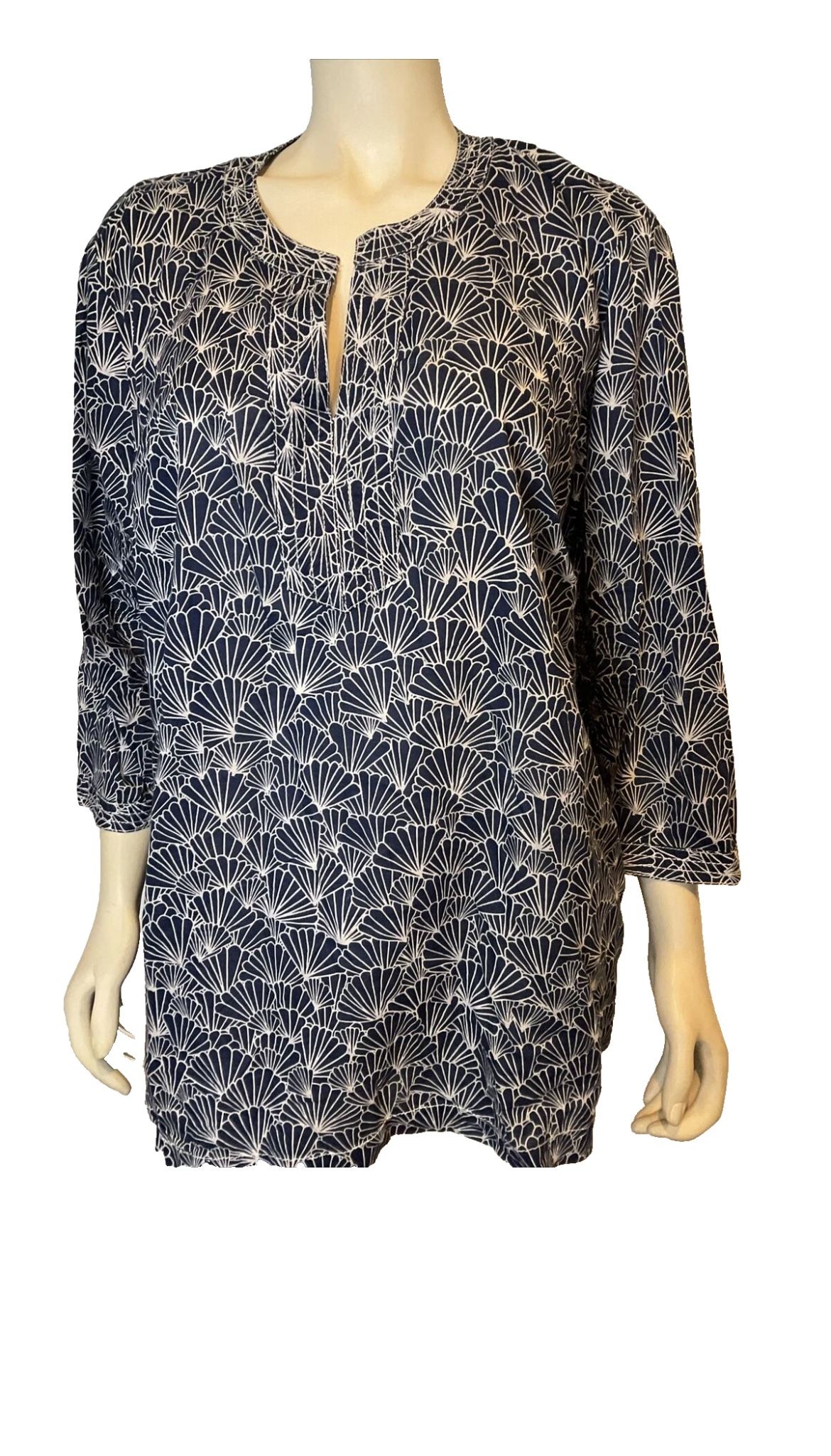 Talbots Blue White Shell Print 3/4 Sleeve VNeck Side Slit Cotton Tunic Top 2X