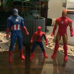 Three action figures of Marvel characters Iron Man, Captain America In Spider-Man