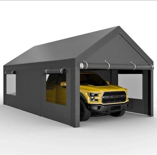 10x20 ft Heavy Duty Carport with Roll-up Windows, Portable Garage with Removable Sidewalls