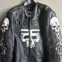 ICON Leather Motorcycle Jacket Skull Padded Coat Black Adult L