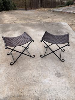 Wrought Iron & Leather Folding Stool Set Of 2
