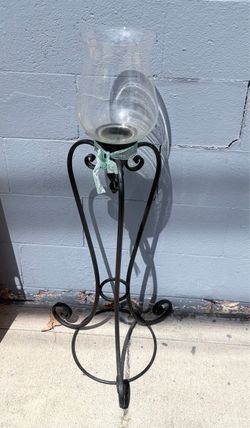 Tall Wrought Iron Hurricane Candle Holder - Vintage Solid Metal Iron Jardiniere Decorative Plant Stand w Glass Vase