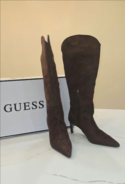 NWT GUESS Palisa Women's Suede Knee-High Boots Brown Zip Pointed Toe Size 9M