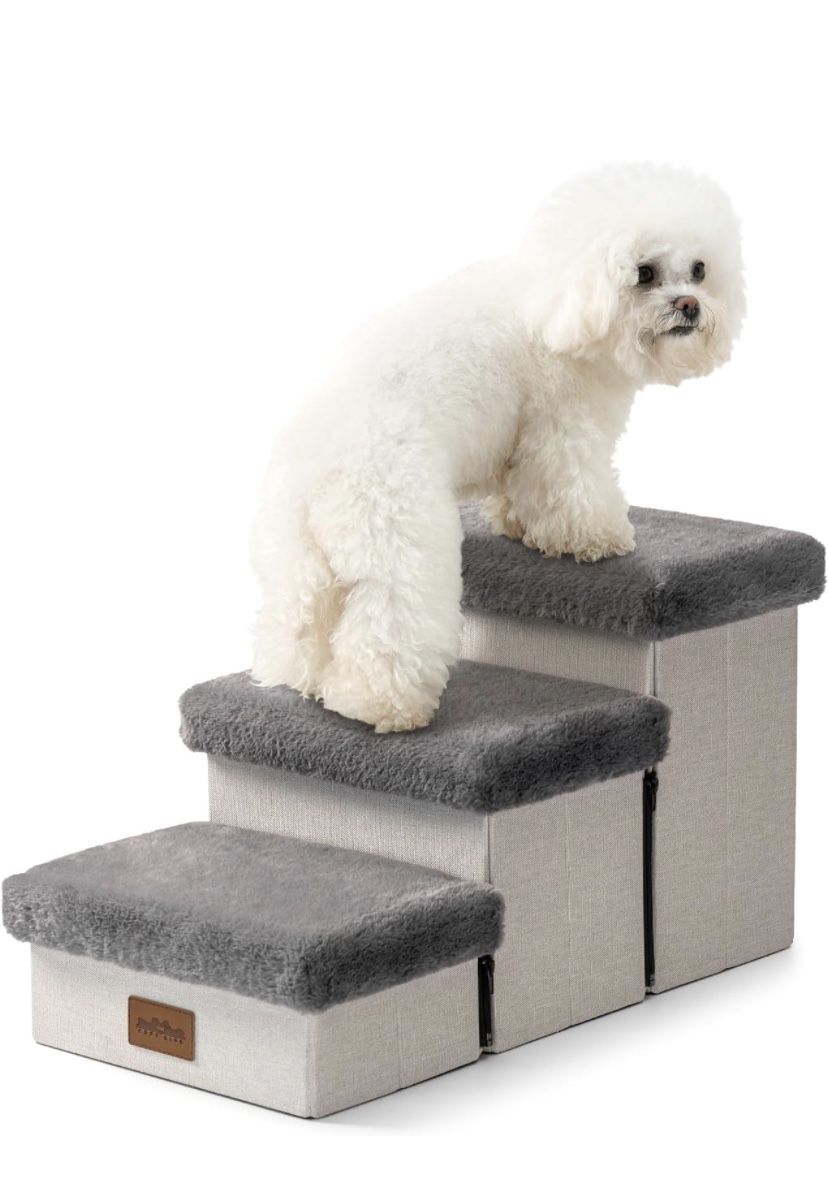 Dog Stairs for Small Dogs, Pet Stairs with Storage and Adjustable Steps for High Beds and Couch, Pet Ramp for Small Dogs and Cats, 3-Step Grey