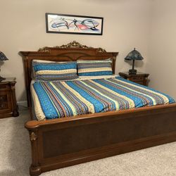 Beautiful solid wood King size bed frame and two nightstands