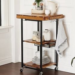 New In Box Oasis Acacia Wood Rectangular Folding Kitchen Cart w/ Drawer 19" x 23.5" x 36"H