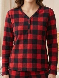LC Couture Red Black Buffalo Plaid Fleece Henley Top M