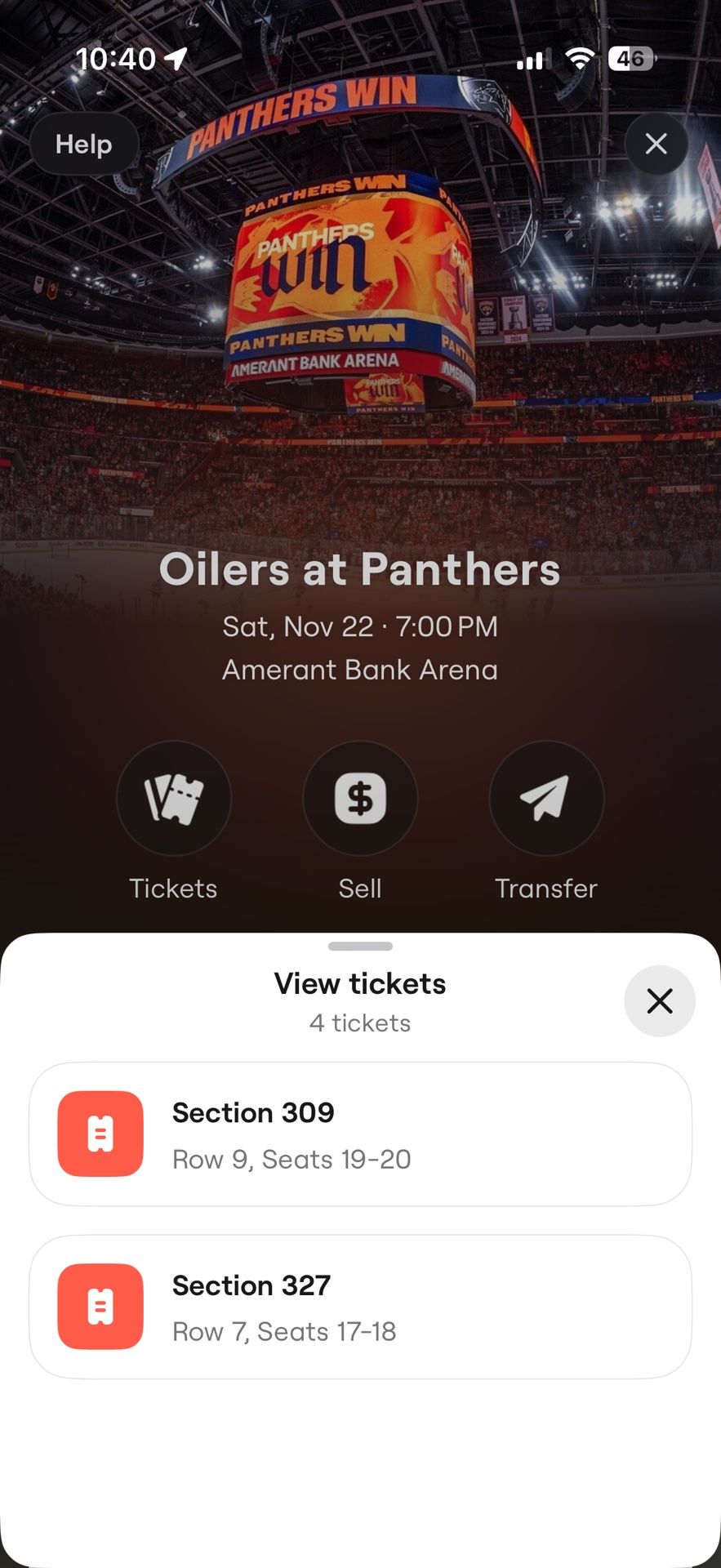 Oilers Vs Panthers 11/22. $40 Each