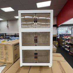 3PCS Foldable Stackable Storage Cabinets with Wheels White 25.59*16.54*43.5in