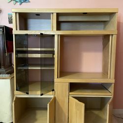 Really Nice Wall Unit Entertainment center With Glass Doors And Wooden Doors. Lots Of Cubbies. Also Sliding Doors. & Lighting. 
