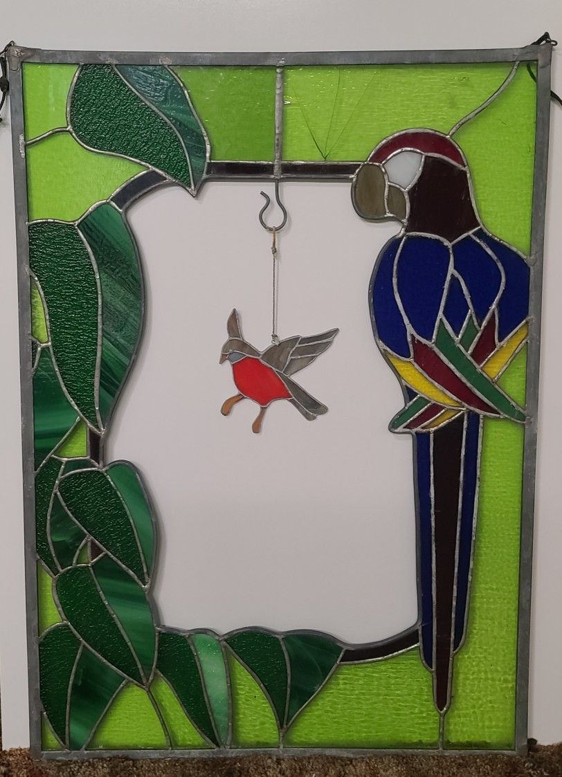 Beautiful Vintage Large Stained Glass Parrot Suncatcher