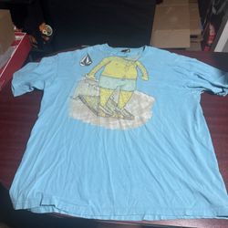 Rare Vintge Volcom Blue T Shirt Man Surfing On Piece Of Wood Pit 25.5 Length 29