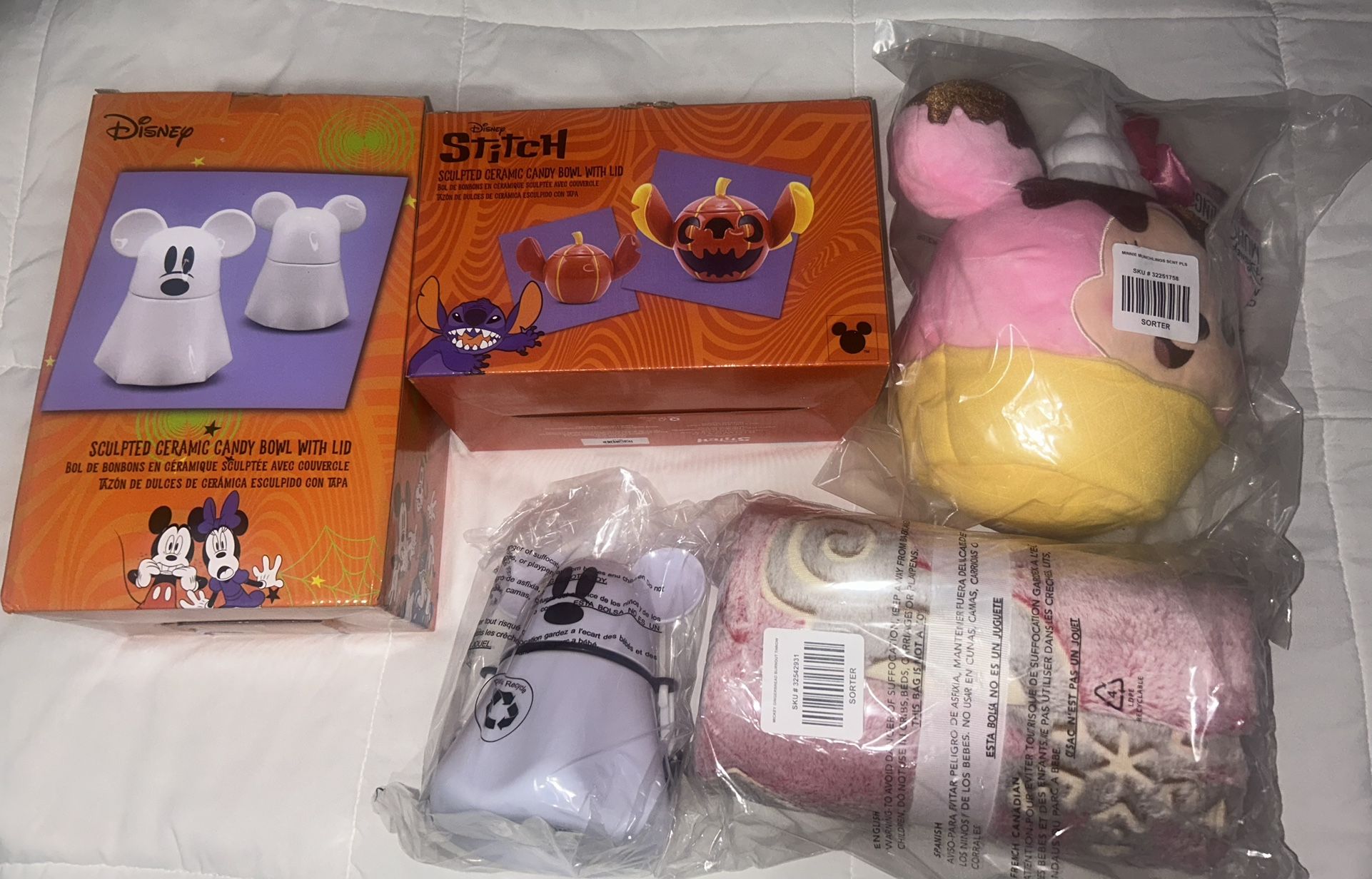 Disney Halloween Ghost, Stitch Candy Bowls, Blanket, and Plushie