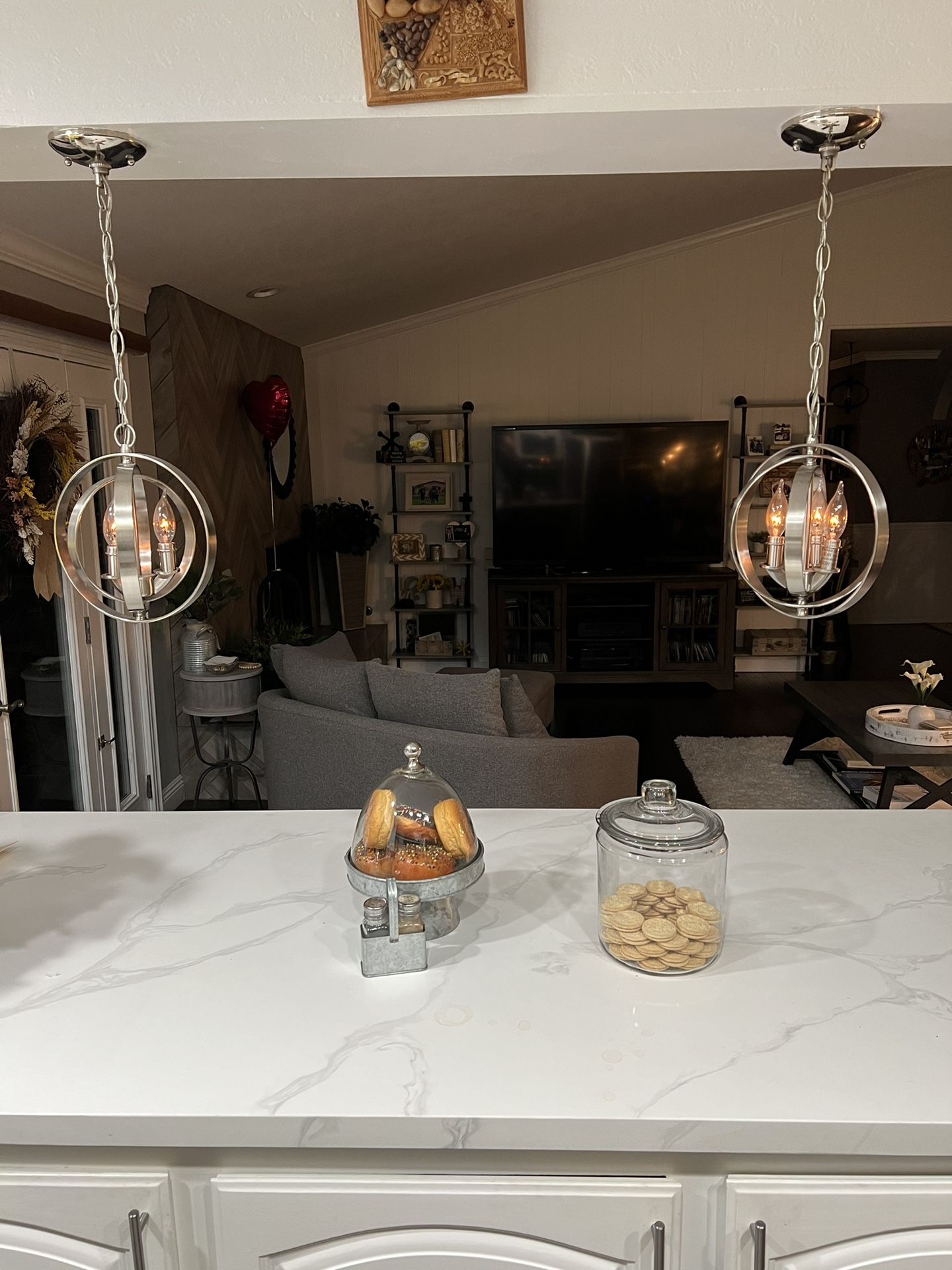 Pair of Brushed Nickel Orb Chandelier Ceiling Hanging Lights