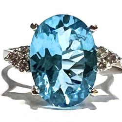 New 6.20 ctw Genuine Oval Blue Topaz, w 6 Diamonds 10K White Gold Oval Ring Sz 7 Gift Gifts