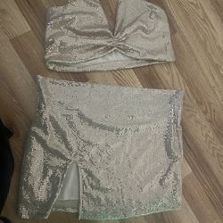 Golden Sparkling Glittery, 2 Piece, Set Skirt And Crop Top