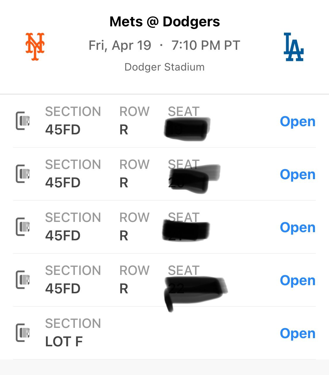 Dodger’s V’s Mets - Friday 4/19 @7:10pm