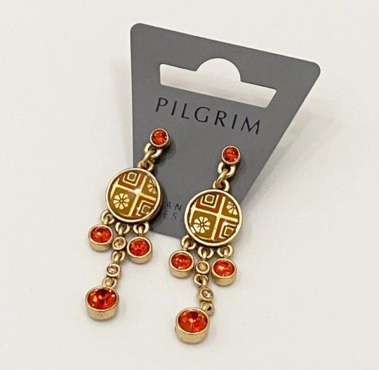 Pilgrim Scandinavian Design Dangle Earrings with Sparkly Orange Czech Crystals. 
