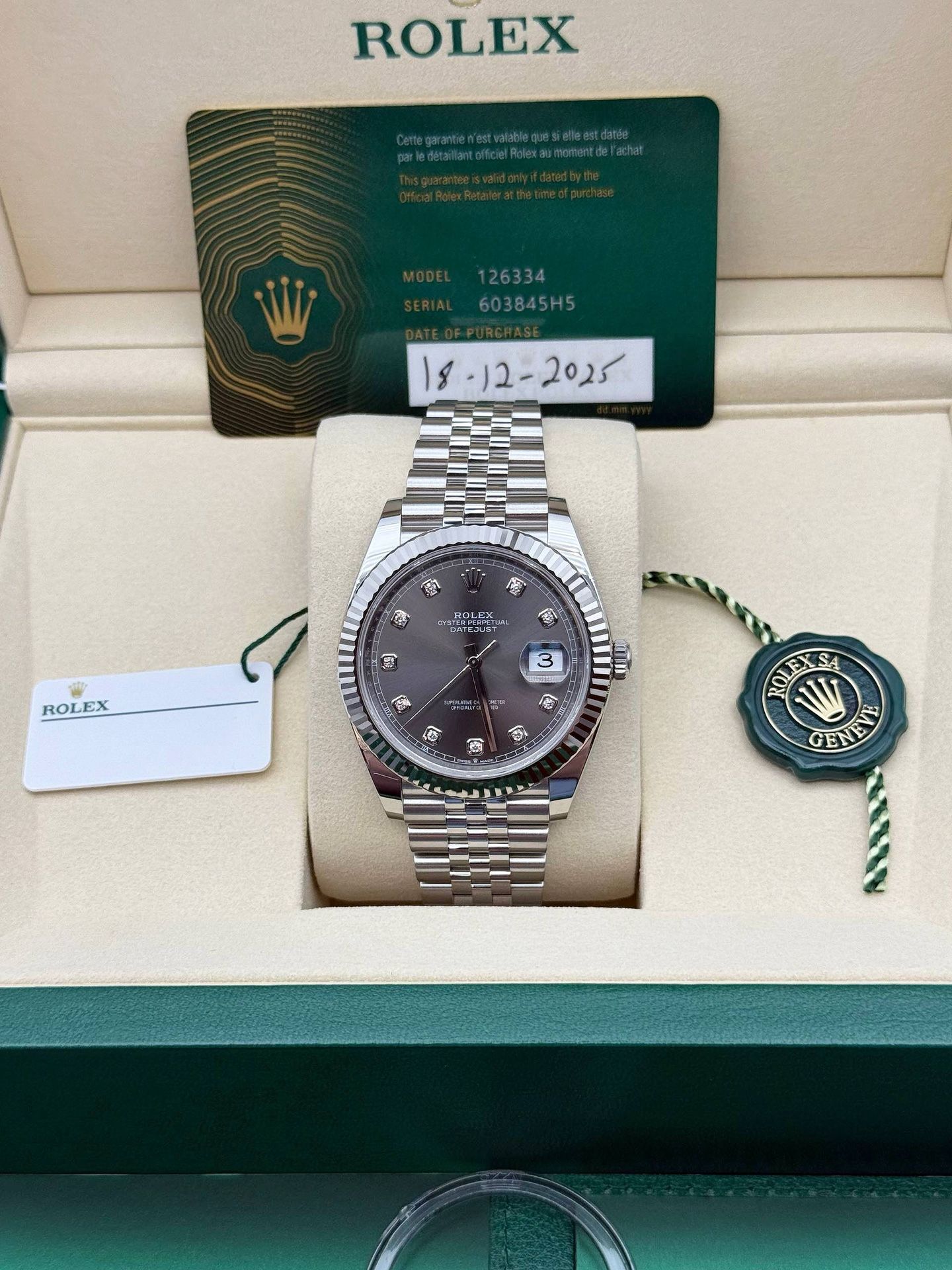 New Fresh 18 Dec. 2025 Rolex Datejust 41mm 126334 Rhodium Diamond Dial Steel Jubilee Bracelet Full Set Box Card Tags