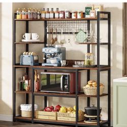 New in the box Tribesigns Large Bakers Rack, 55" Wide Kitchen Hutch Cabinet Microwave Stand with 11 Hooks, 5-Tier Baker's Rack Kitchen Storage Shelf w