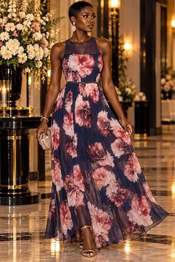 Navy Floral Chiffon Maxi Dress