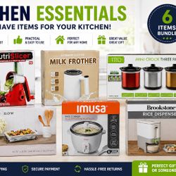 Kitchen Essentials Bundle Lot – NutriSlicer, Milk Frother, Mini Crock Pots, Rice Cooker, Rice Dispenser & Baker Dish Set